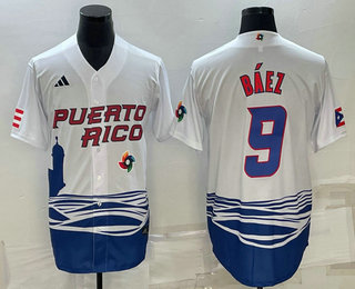 Mens Puerto Rico Baseball #9 Javier Baez White 2023 World Baseball Classic Stitched Jerseys